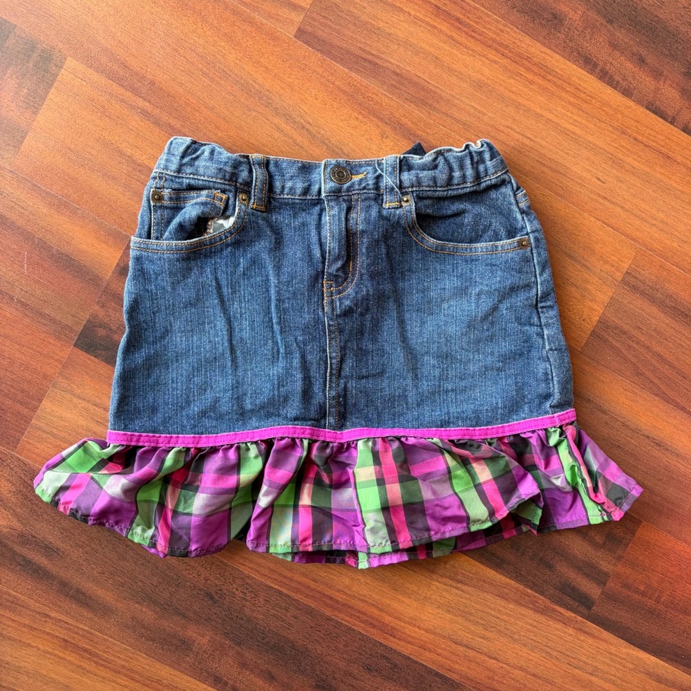Gap‎ Kids Girls Denim Plaid Ruffle Mini Skirt Blue Purple Green Size 8 328074-00